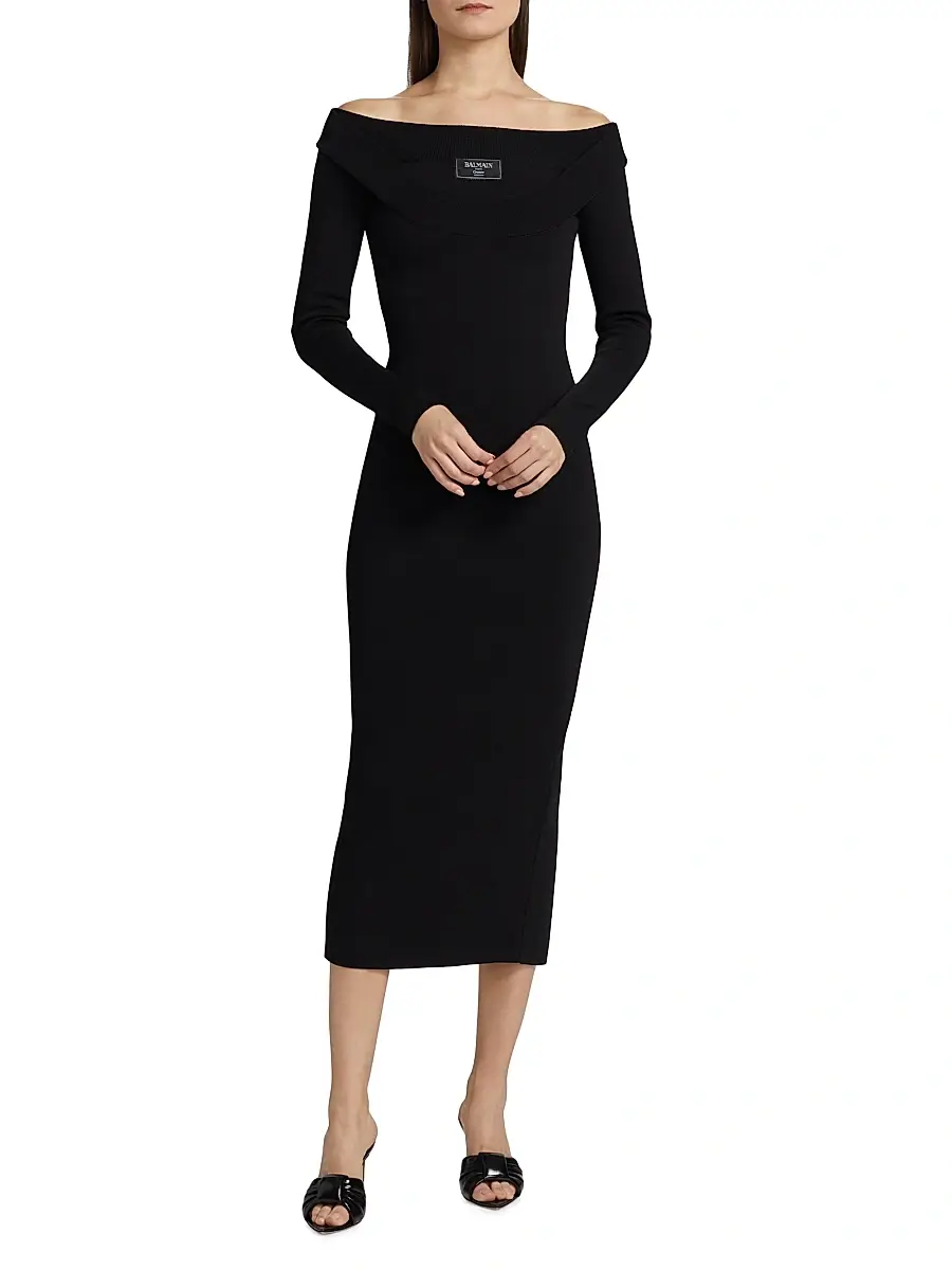 Balmain Women's Off-The-Shoulder Knit Midi-Dress - Noir | Thumbnail 3