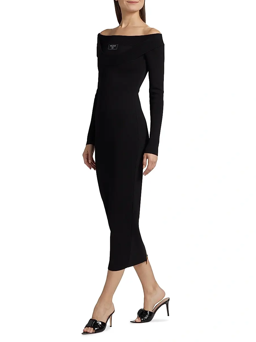 Balmain Women's Off-The-Shoulder Knit Midi-Dress - Noir | Thumbnail 4