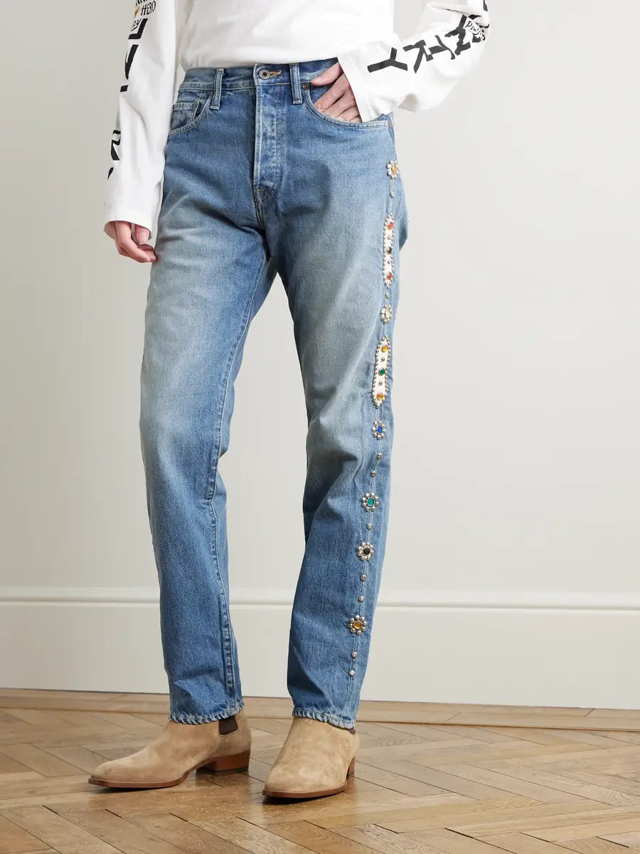 KAPITAL Monkey Cisco Straight-Leg Leather-Trimmed Embellished Jeans - Men | Thumbnail 3 KAPITAL Monkey Cisco Straight-Leg Leather-Trimmed Embellished Jeans - Men | Thumbnail 3