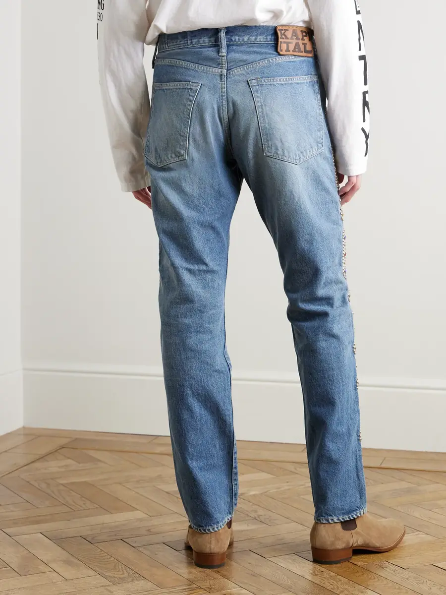 KAPITAL Monkey Cisco Straight-Leg Leather-Trimmed Embellished Jeans - Men | Thumbnail 4 KAPITAL Monkey Cisco Straight-Leg Leather-Trimmed Embellished Jeans - Men | Thumbnail 4