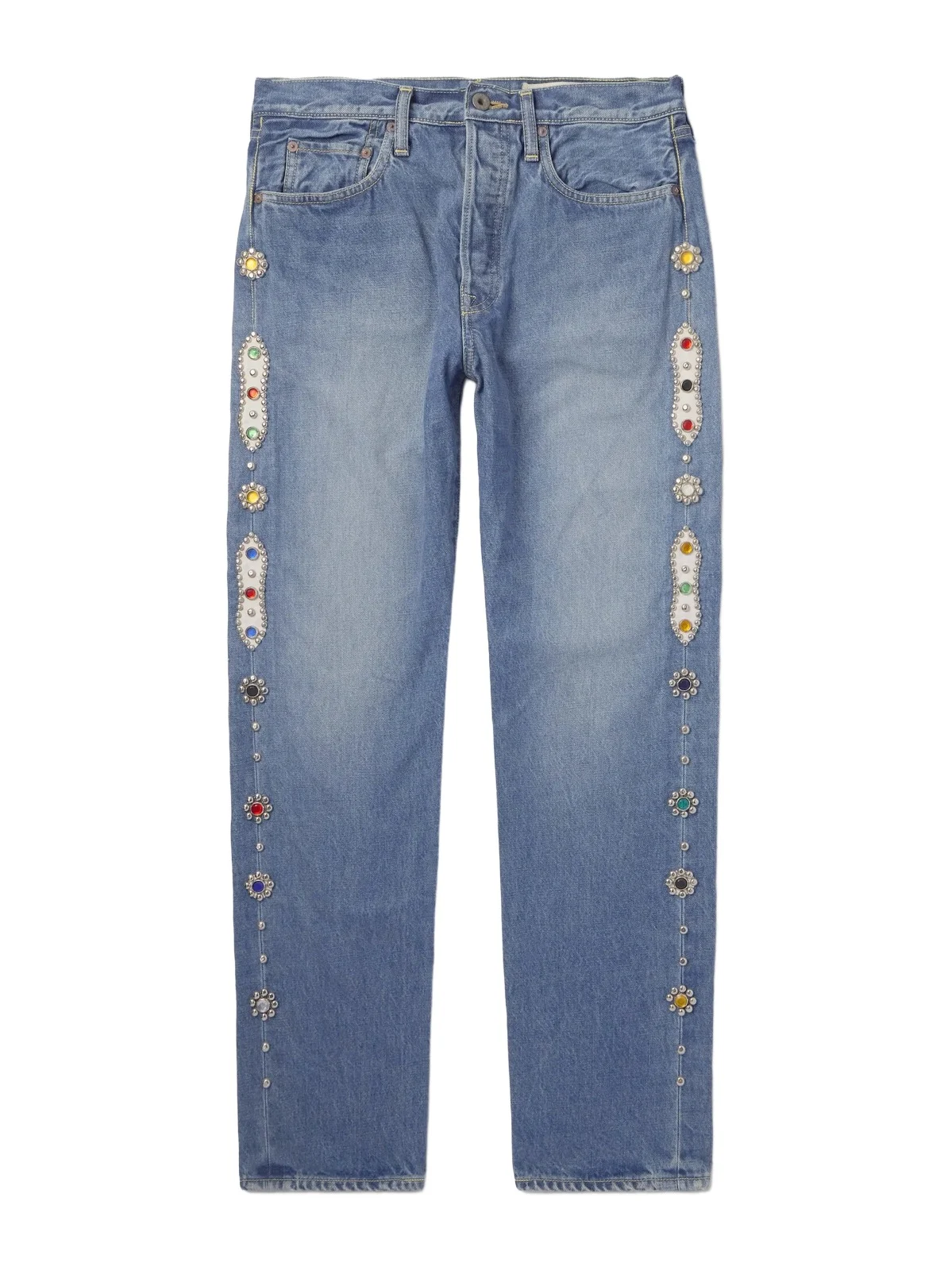 KAPITAL Monkey Cisco Straight-Leg Leather-Trimmed Embellished Jeans - Men