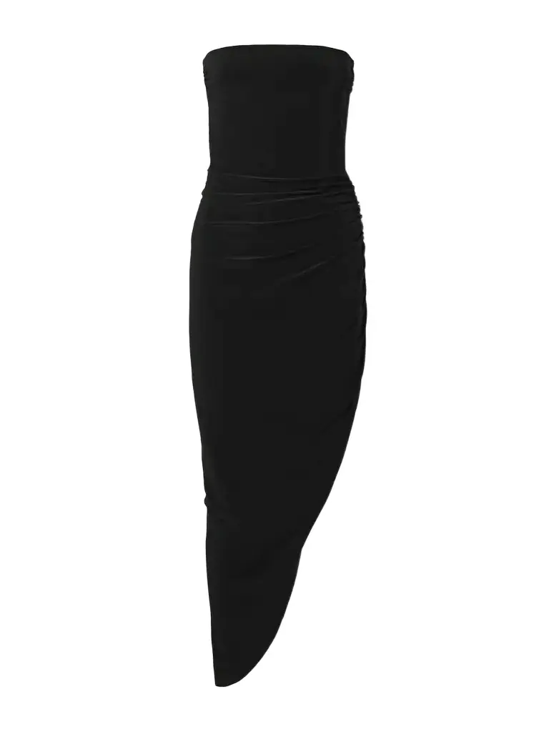 Norma Kamali Strapless Ruched Stretch-jersey Midi Dress | Thumbnail 1 Norma Kamali Strapless Ruched Stretch-jersey Midi Dress | Thumbnail 1