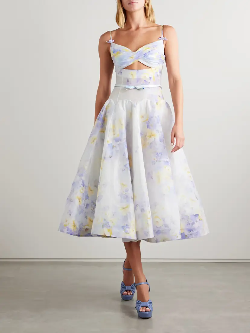Zimmermann Crush Belted Twist-front Embellished Floral-print Linen And Silk-blend Organza Midi Dress | Thumbnail 2 Zimmermann Crush Belted Twist-front Embellished Floral-print Linen And Silk-blend Organza Midi Dress | Thumbnail 2