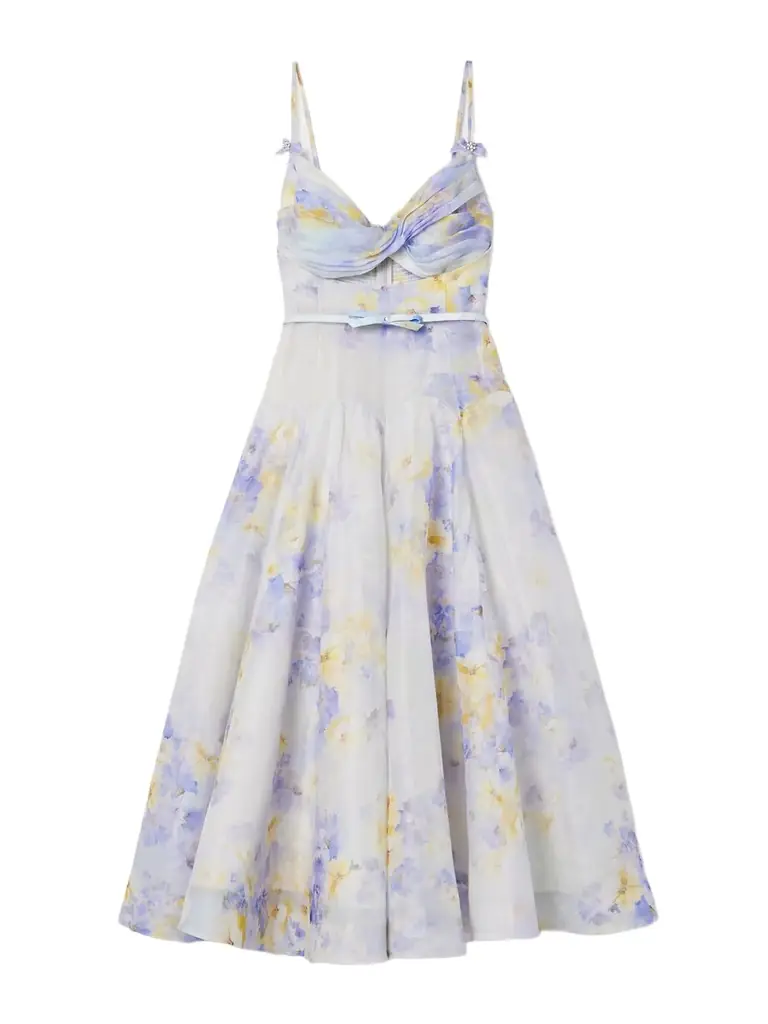 Crush Belted Twist-front Embellished Floral-print Linen And Silk-blend Organza Midi Dress