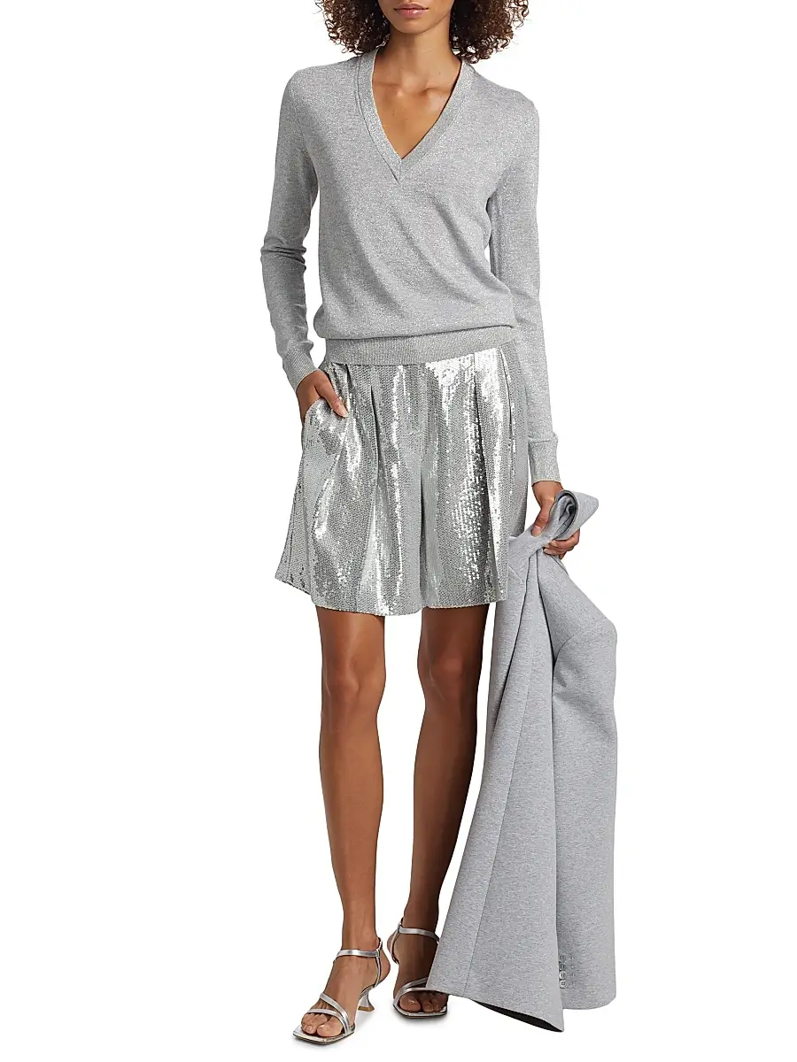Michael Kors Collection Women's Sequined Pleated Shorts - Pearl Silver | Thumbnail 2 Michael Kors Collection Women's Sequined Pleated Shorts - Pearl Silver | Thumbnail 2