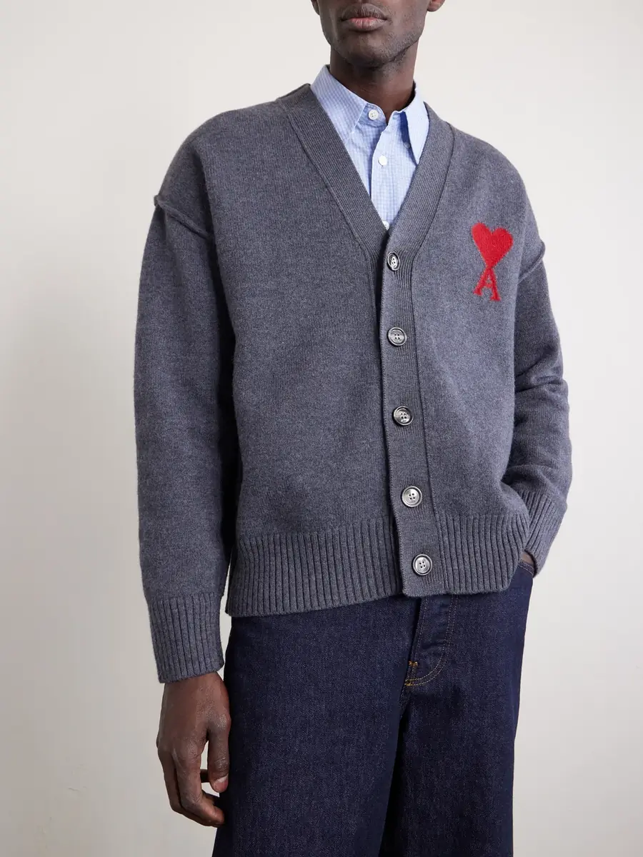 AMI PARIS Logo-Intarsia Merino Wool Cardigan - Men | Thumbnail 3 AMI PARIS Logo-Intarsia Merino Wool Cardigan - Men | Thumbnail 3
