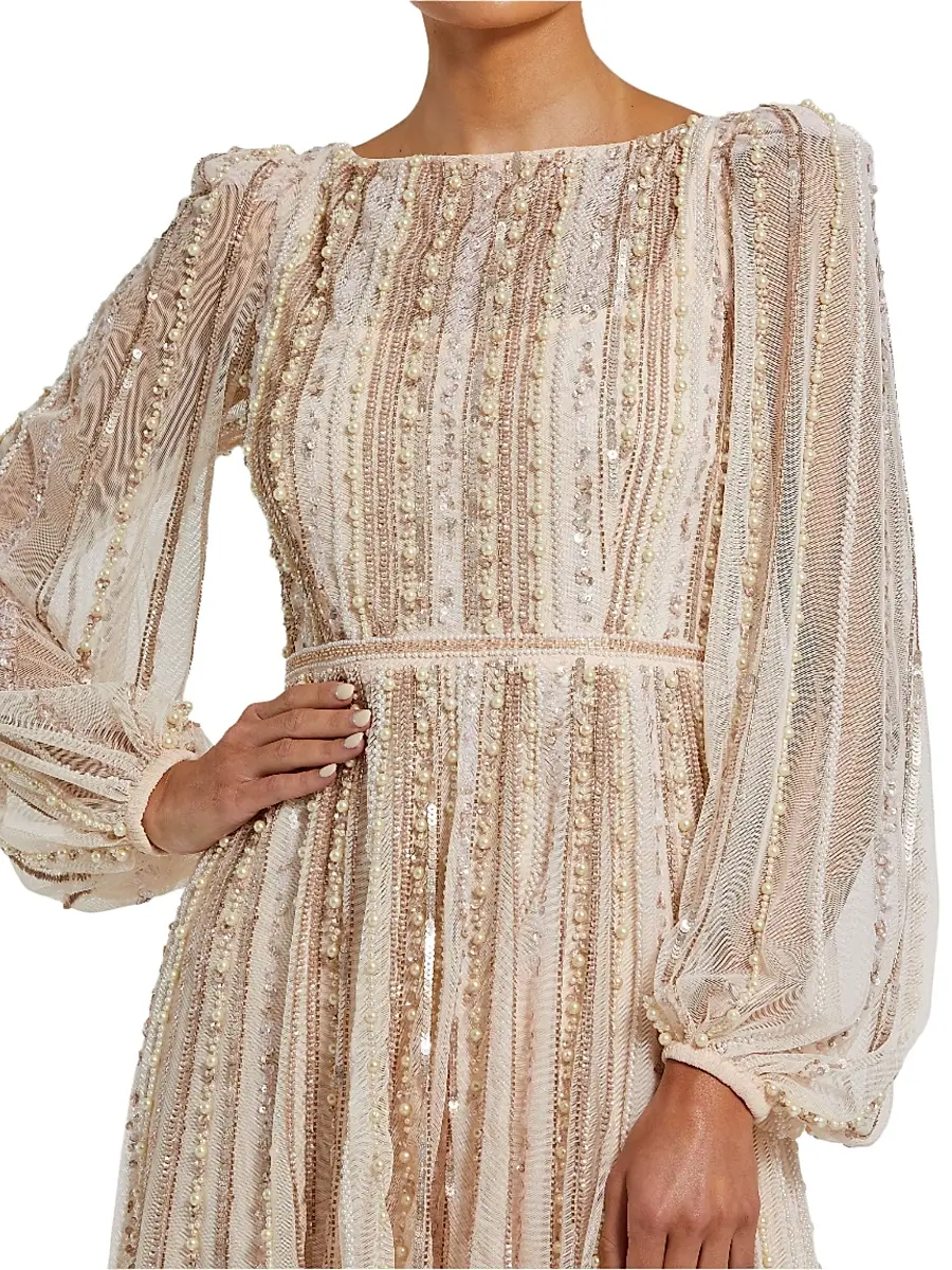 Mac Duggal Women's Striped Beaded Chiffon Boatneck Gown | Thumbnail 3