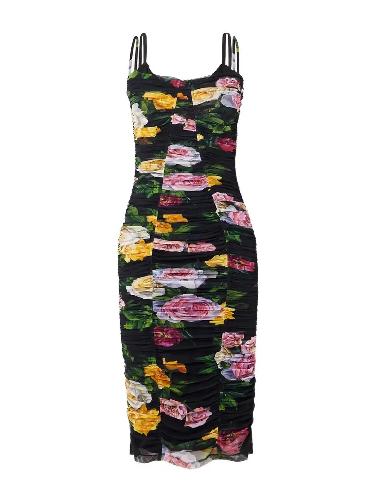 Paneled Ruched Floral-print Tulle Dress