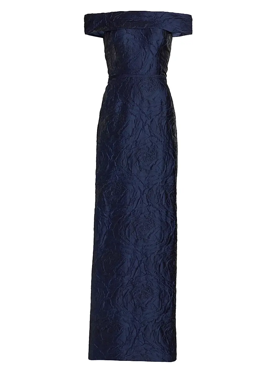 Teri Jon by Rickie Freeman Women's Jacquard Off-The-Shoulder Gown - Navy | Image 1 Teri Jon by Rickie Freeman Women's Jacquard Off-The-Shoulder Gown - Navy | Image 1