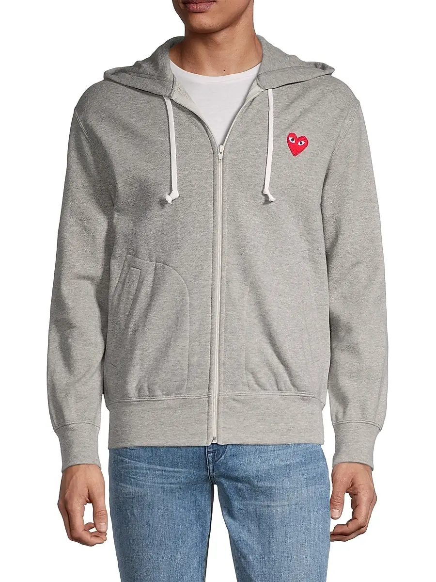 Comme des Garçons PLAY Men's Heathered Signature Logo Patch Jersey Hoodie - Grey | Thumbnail 3