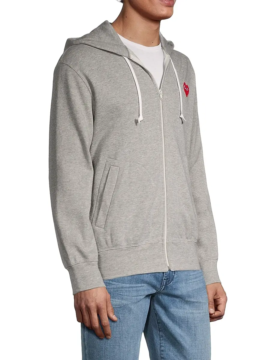 Comme des Garçons PLAY Men's Heathered Signature Logo Patch Jersey Hoodie - Grey | Thumbnail 4
