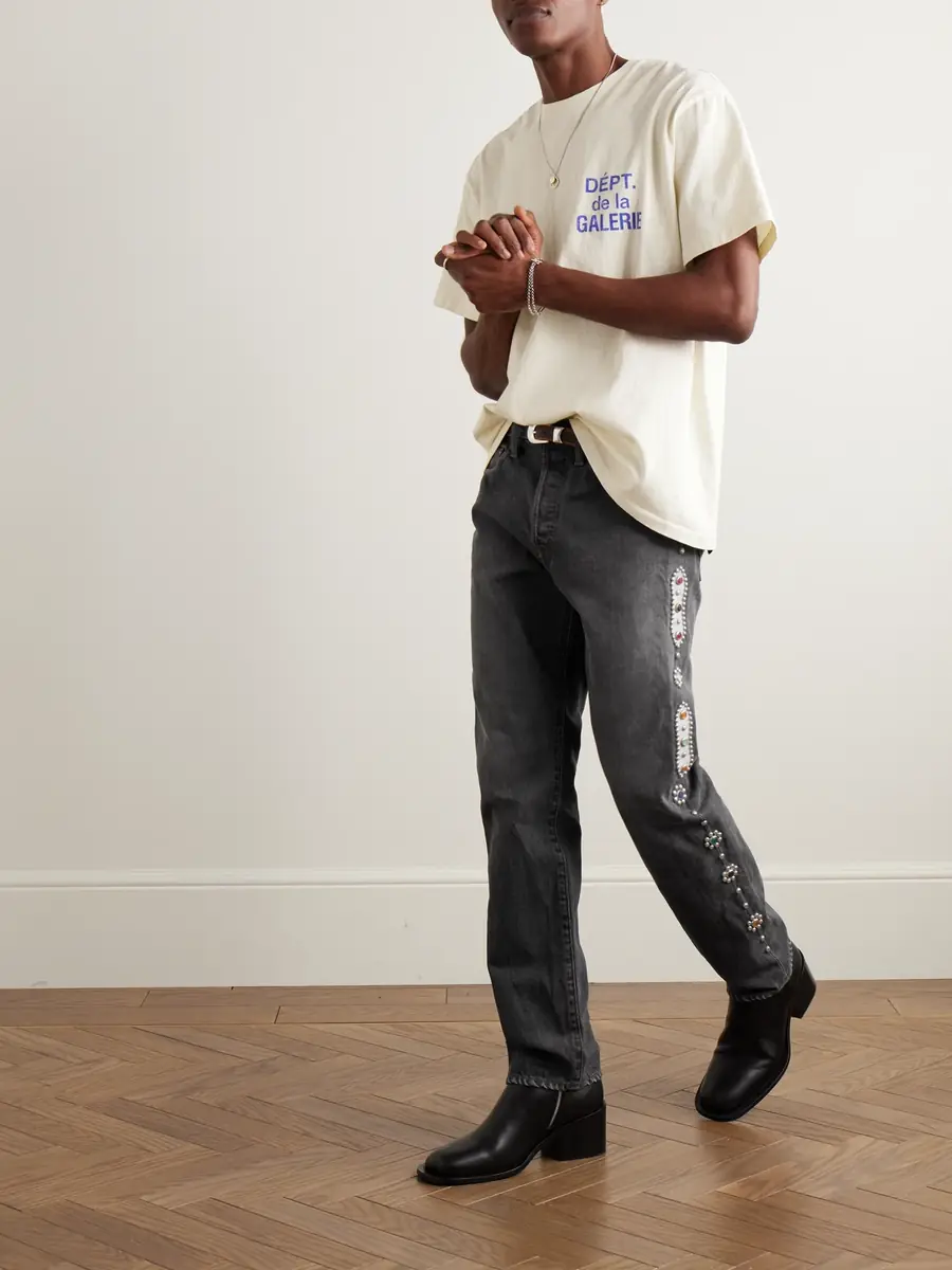 KAPITAL Monkey CISCO Straight-Leg Embellished Leather-Trimmed Jeans - Men | Thumbnail 2