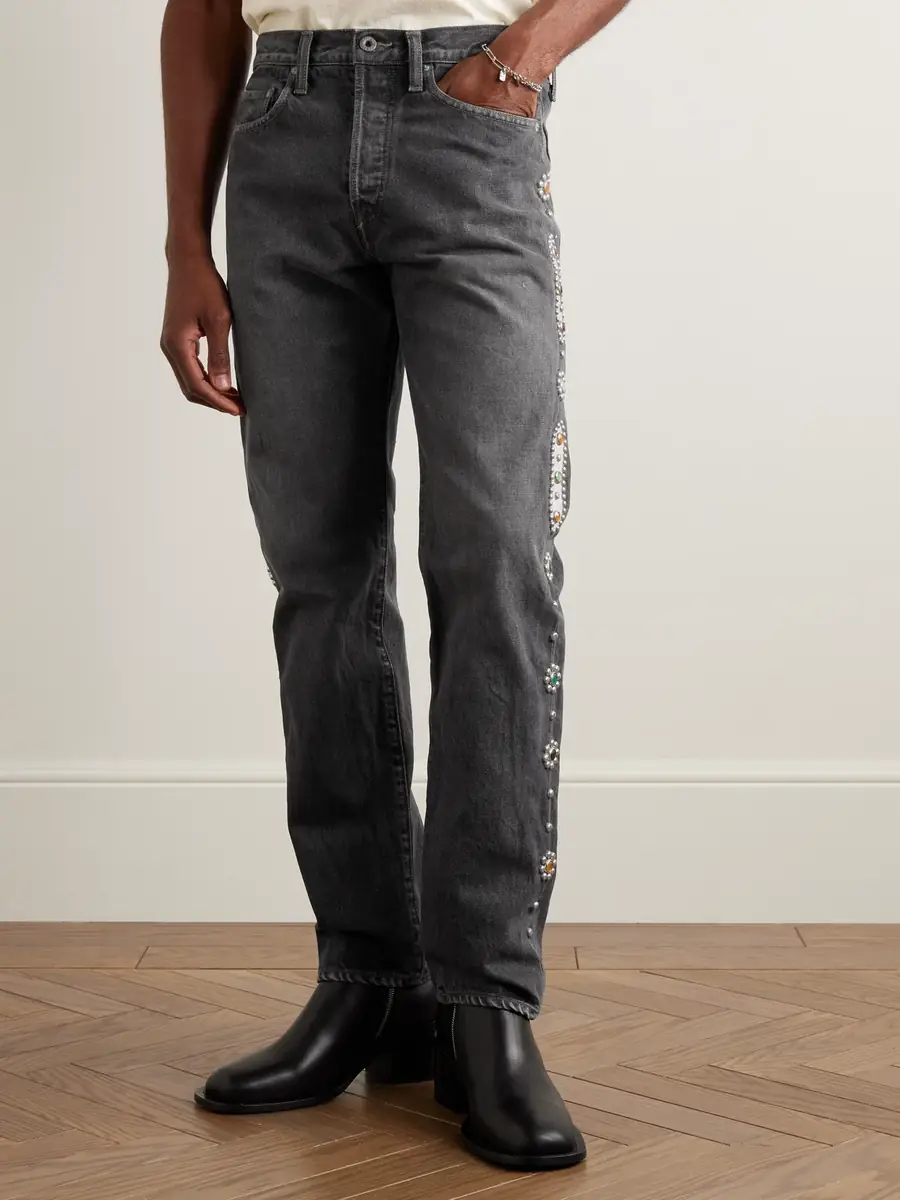 KAPITAL Monkey CISCO Straight-Leg Embellished Leather-Trimmed Jeans - Men | Thumbnail 3