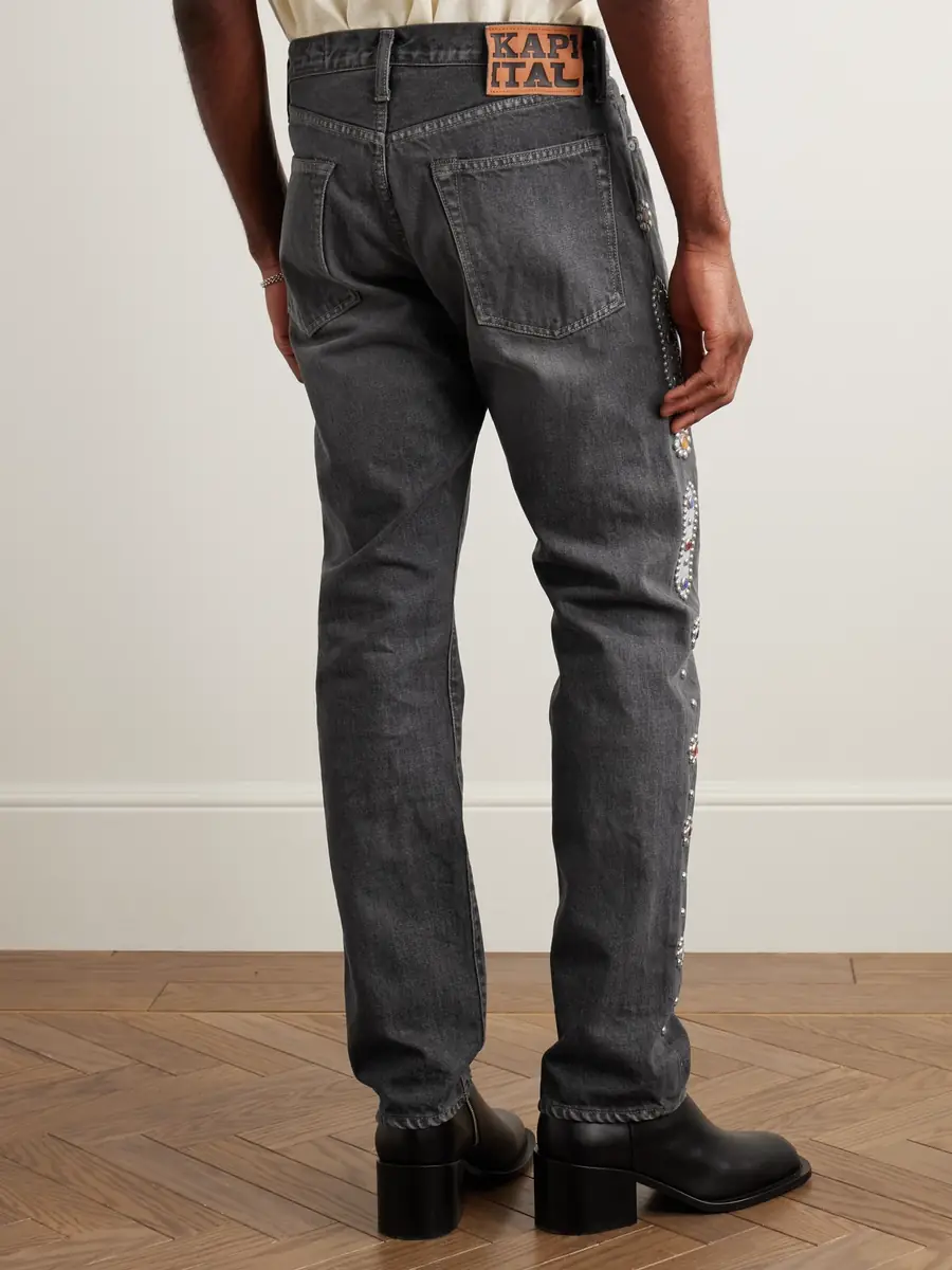 KAPITAL Monkey CISCO Straight-Leg Embellished Leather-Trimmed Jeans - Men | Thumbnail 4