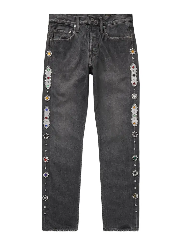 KAPITAL Monkey CISCO Straight-Leg Embellished Leather-Trimmed Jeans - Men | Image 1 KAPITAL Monkey CISCO Straight-Leg Embellished Leather-Trimmed Jeans - Men | Image 1