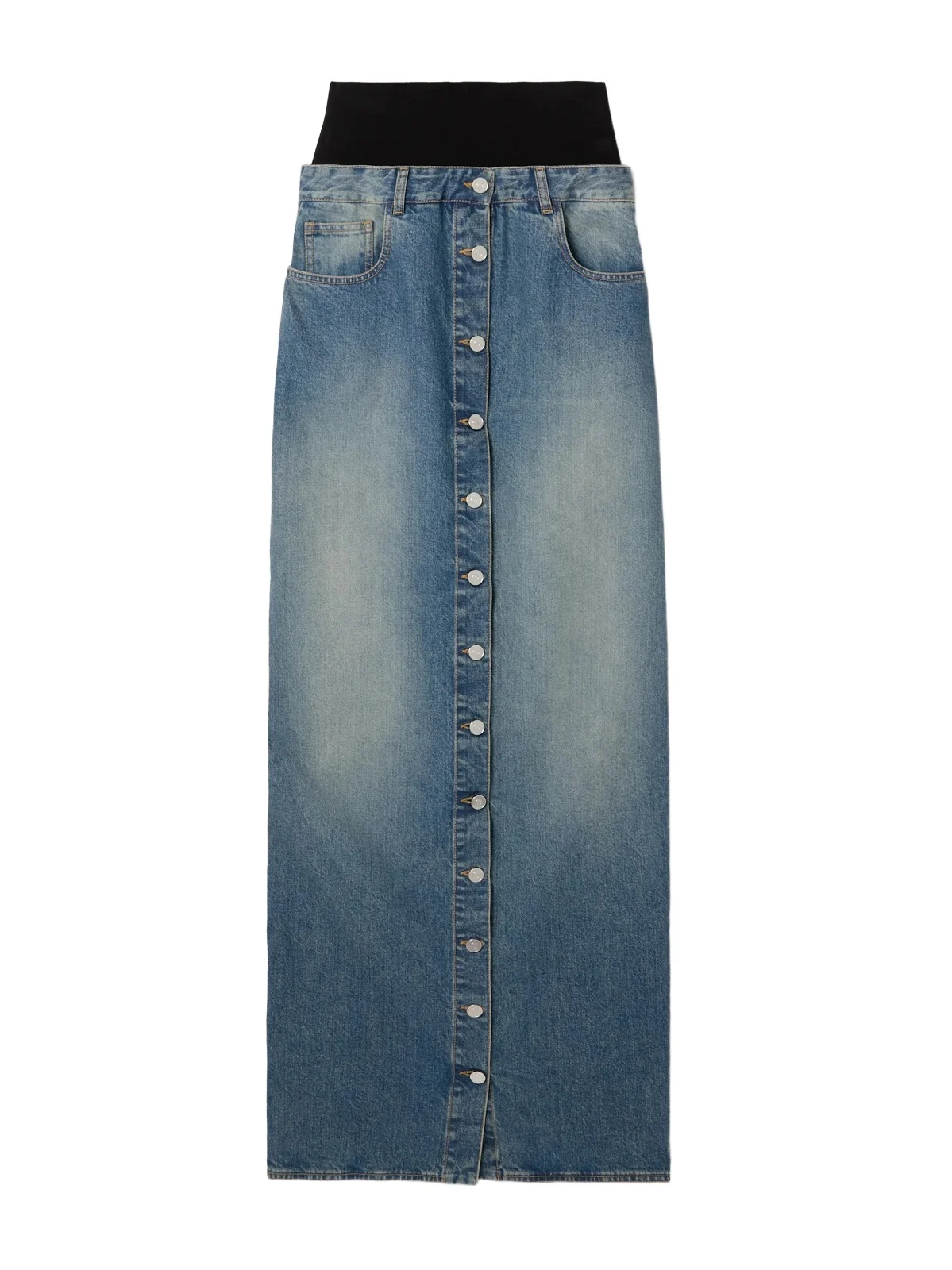 Layered Jersey-trimmed Denim Maxi Skirt