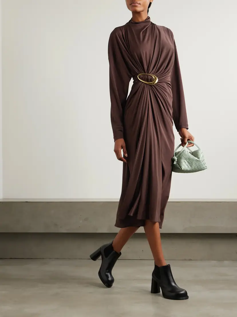 Bottega Veneta Gathered Embellished Crepe-jersey Midi Dress | Thumbnail 2 Bottega Veneta Gathered Embellished Crepe-jersey Midi Dress | Thumbnail 2