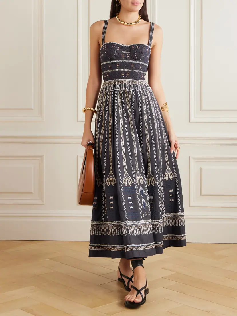 Emporio Sirenuse Elida Calliope Pleated Embroidered Cotton-blend Poplin Midi Dress | Thumbnail 2 Emporio Sirenuse Elida Calliope Pleated Embroidered Cotton-blend Poplin Midi Dress | Thumbnail 2