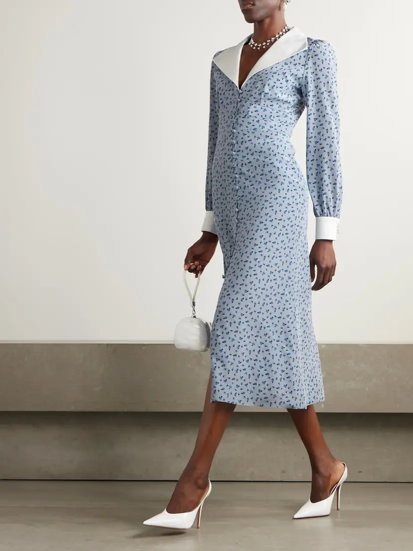 Alessandra Rich Mikado-trimmed Floral-print Silk-crepe De Chine Midi Shirt Dress | Thumbnail 2 Alessandra Rich Mikado-trimmed Floral-print Silk-crepe De Chine Midi Shirt Dress | Thumbnail 2