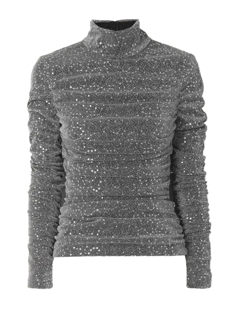 Ruched Sequin-embellished Lurex Turtleneck Blouse