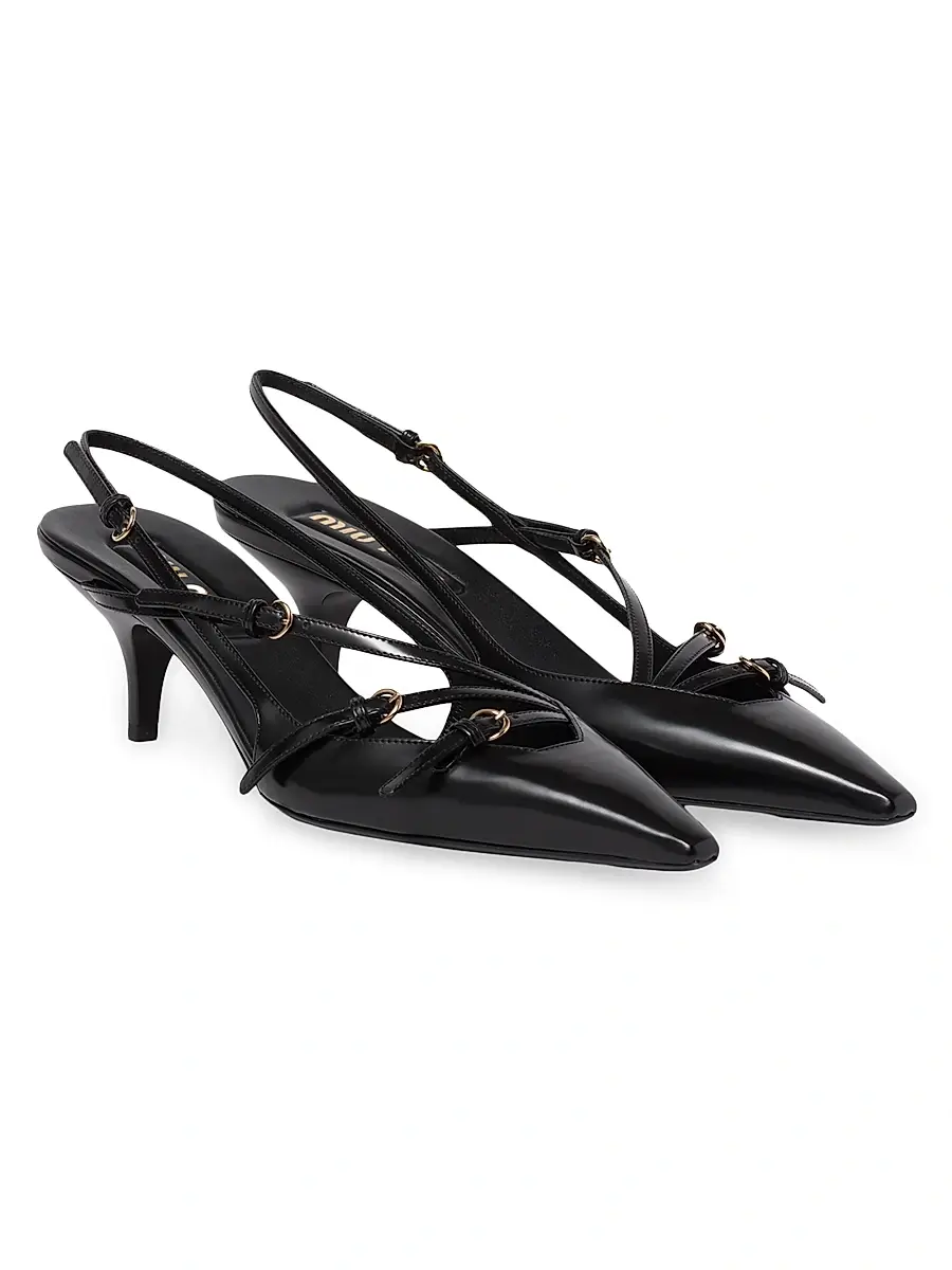 Miu Miu Women's Multi-Buckle MM Leather Slingback Pumps - Nero | Thumbnail 2 Miu Miu Women's Multi-Buckle MM Leather Slingback Pumps - Nero | Thumbnail 2