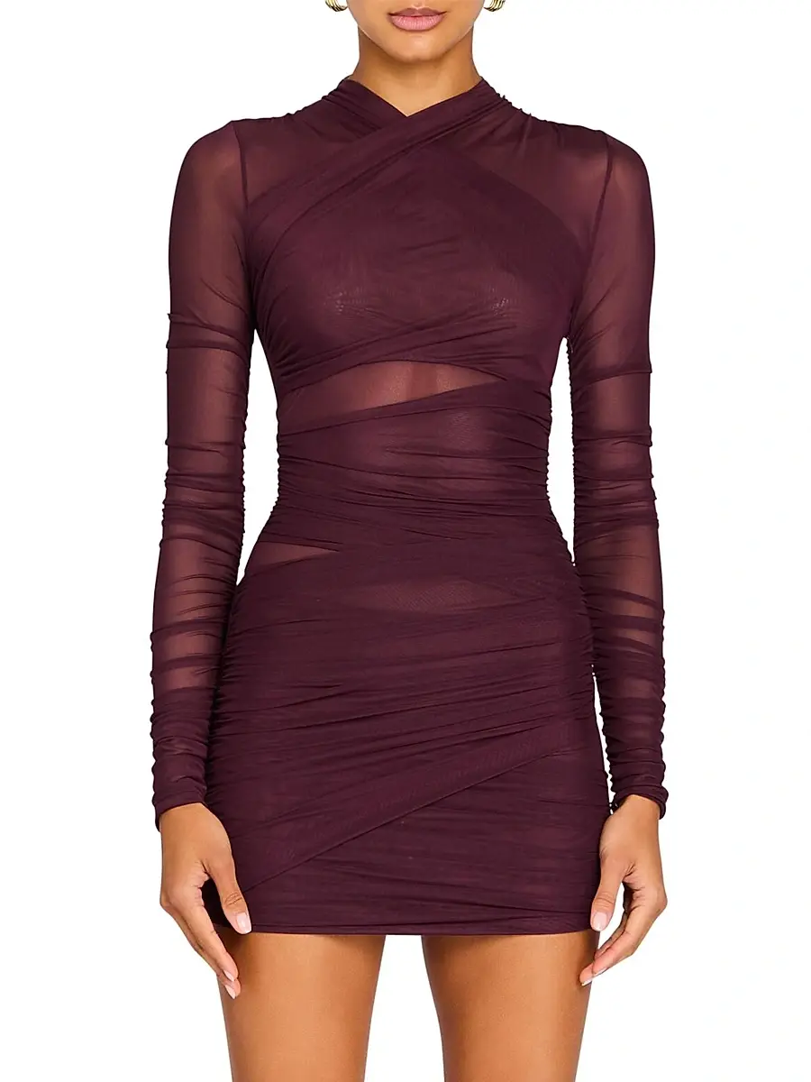 SEROYA Women's Moxey Ruched Mesh Mini Dress - Merlot | Thumbnail 2 SEROYA Women's Moxey Ruched Mesh Mini Dress - Merlot | Thumbnail 2