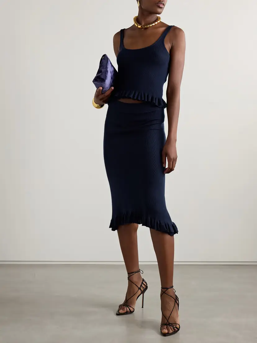 Brandon Maxwell The Grace Asymmetric Ruffled Ribbed Cashmere Midi Skirt | Thumbnail 2 Brandon Maxwell The Grace Asymmetric Ruffled Ribbed Cashmere Midi Skirt | Thumbnail 2