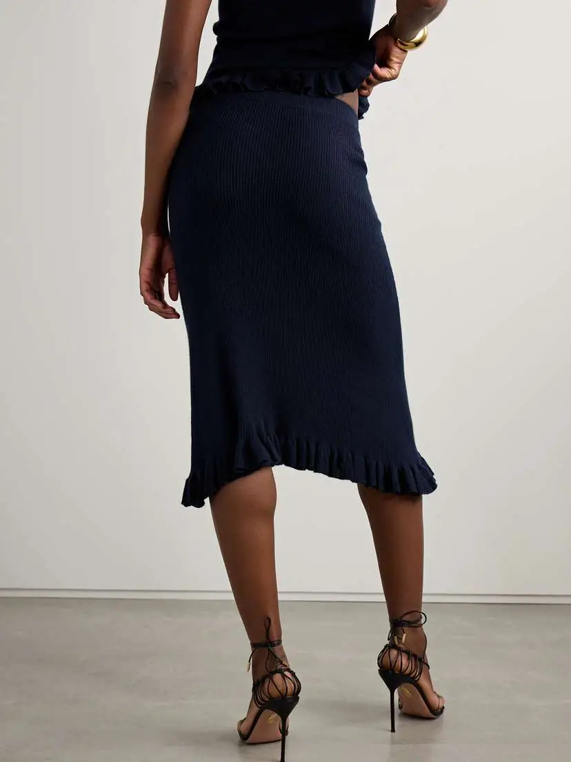 Brandon Maxwell The Grace Asymmetric Ruffled Ribbed Cashmere Midi Skirt | Thumbnail 3 Brandon Maxwell The Grace Asymmetric Ruffled Ribbed Cashmere Midi Skirt | Thumbnail 3