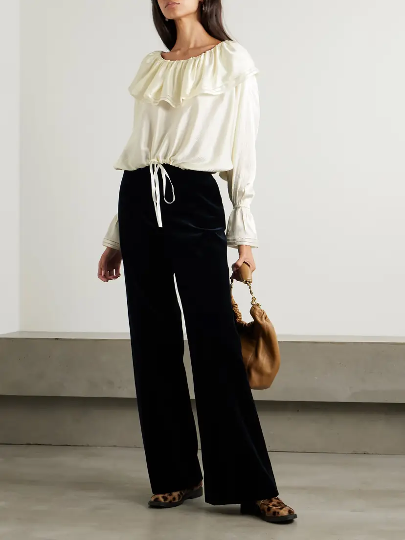 BODE Claret Off-the-shoulder Ruffled Pointelle-trimmed Hammered-silk Blouse | Thumbnail 2 BODE Claret Off-the-shoulder Ruffled Pointelle-trimmed Hammered-silk Blouse | Thumbnail 2