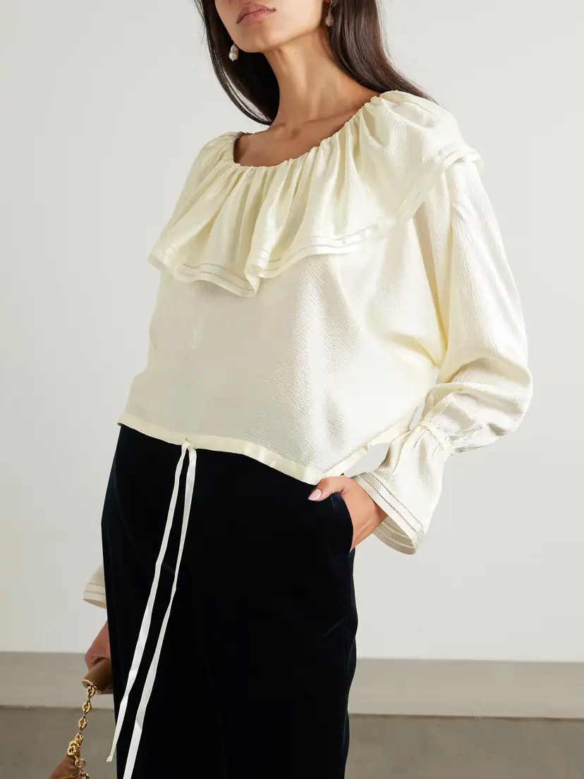 BODE Claret Off-the-shoulder Ruffled Pointelle-trimmed Hammered-silk Blouse | Thumbnail 3 BODE Claret Off-the-shoulder Ruffled Pointelle-trimmed Hammered-silk Blouse | Thumbnail 3