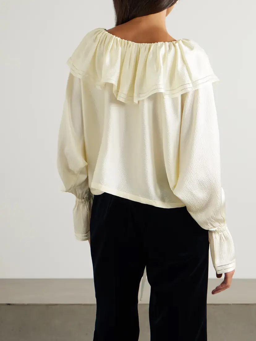 BODE Claret Off-the-shoulder Ruffled Pointelle-trimmed Hammered-silk Blouse | Thumbnail 4 BODE Claret Off-the-shoulder Ruffled Pointelle-trimmed Hammered-silk Blouse | Thumbnail 4