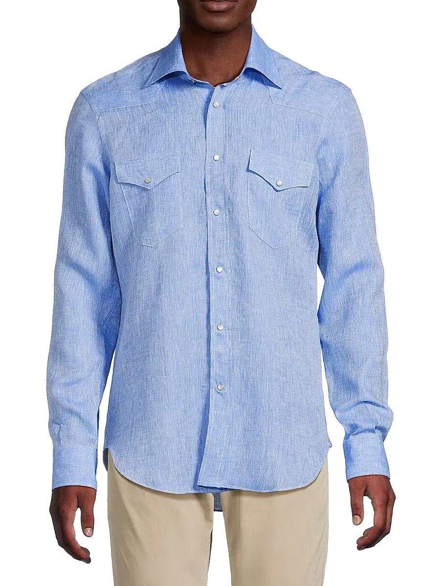Sartorio Napoli Men's Western Linen Shirt - Blue | Thumbnail 3 Sartorio Napoli Men's Western Linen Shirt - Blue | Thumbnail 3