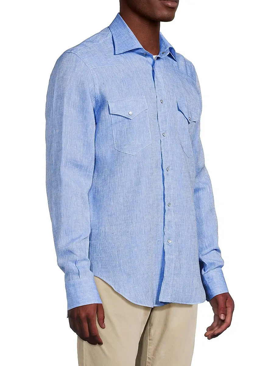 Sartorio Napoli Men's Western Linen Shirt - Blue | Thumbnail 4 Sartorio Napoli Men's Western Linen Shirt - Blue | Thumbnail 4