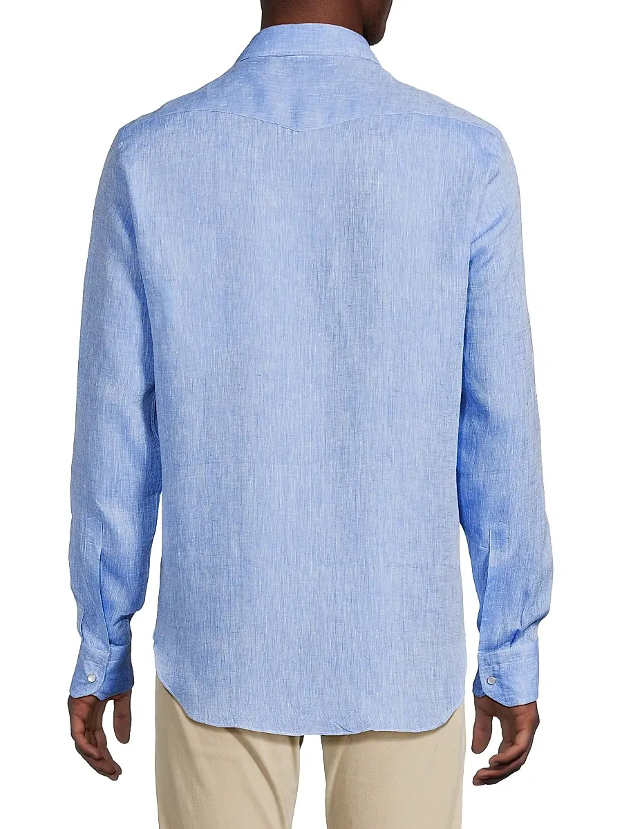 Sartorio Napoli Men's Western Linen Shirt - Blue | Thumbnail 5 Sartorio Napoli Men's Western Linen Shirt - Blue | Thumbnail 5