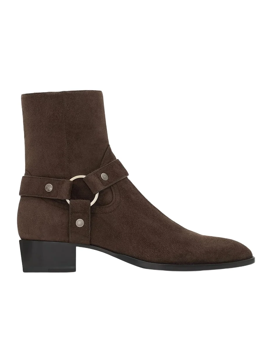 Saint Laurent Men's Wyatt Harness Boots in Suede - Dark Chocolate