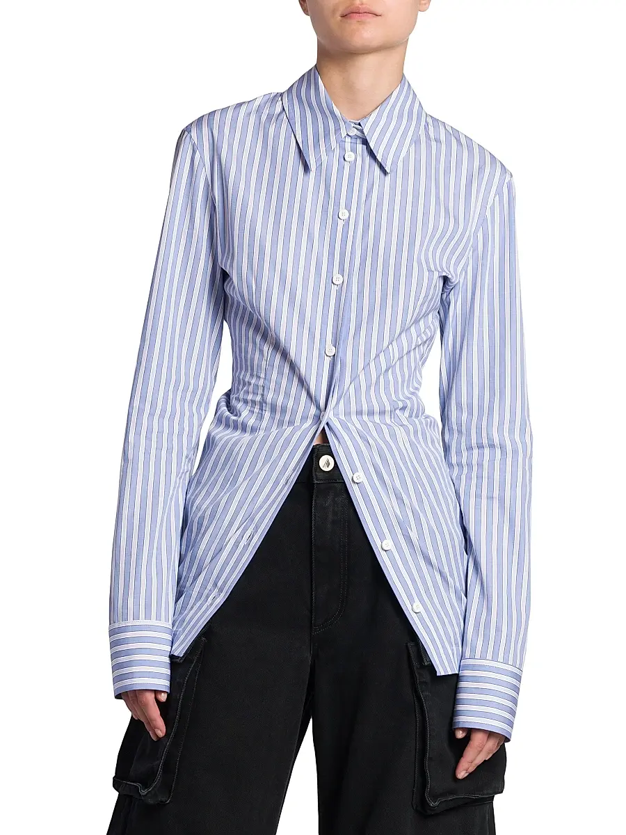 The Attico Women's Gathered Striped Cotton Shirt - White Navy Blue | Thumbnail 3 The Attico Women's Gathered Striped Cotton Shirt - White Navy Blue | Thumbnail 3