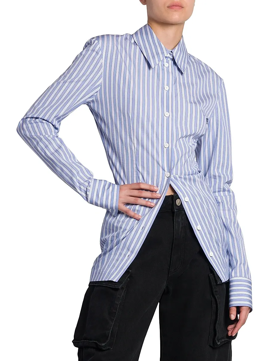 The Attico Women's Gathered Striped Cotton Shirt - White Navy Blue | Thumbnail 4 The Attico Women's Gathered Striped Cotton Shirt - White Navy Blue | Thumbnail 4