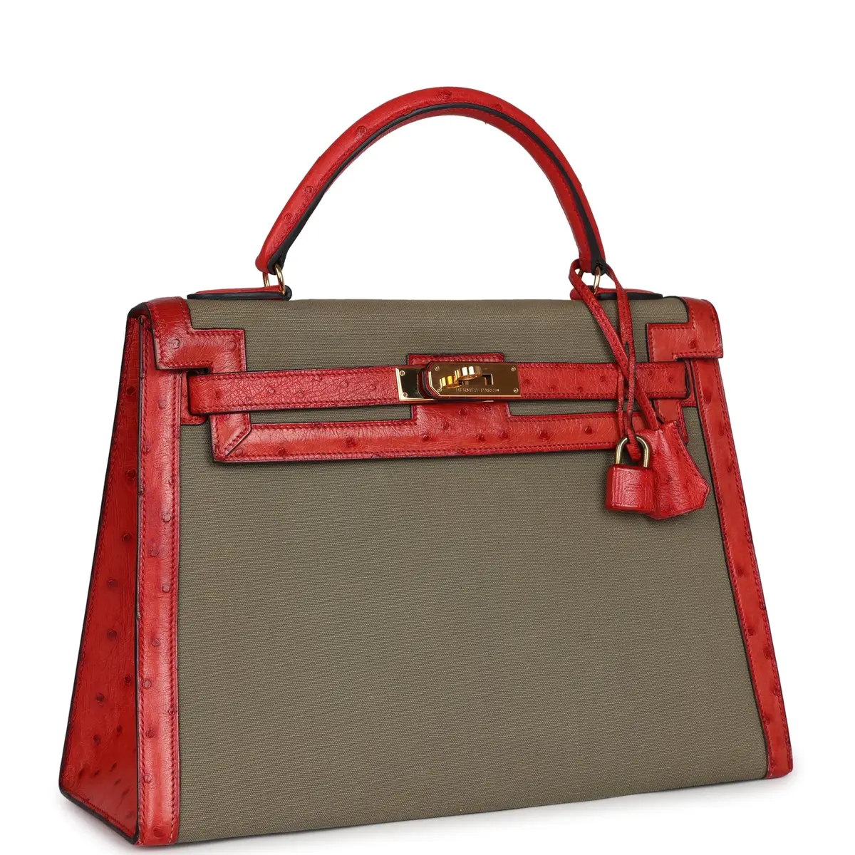 HERMÈS Vintage Hermes Kelly Sellier 32 Rouge Vif Ostrich/Vert Olive Officier Canvas Gold Hardware | Thumbnail 2 HERMÈS Vintage Hermes Kelly Sellier 32 Rouge Vif Ostrich/Vert Olive Officier Canvas Gold Hardware | Thumbnail 2