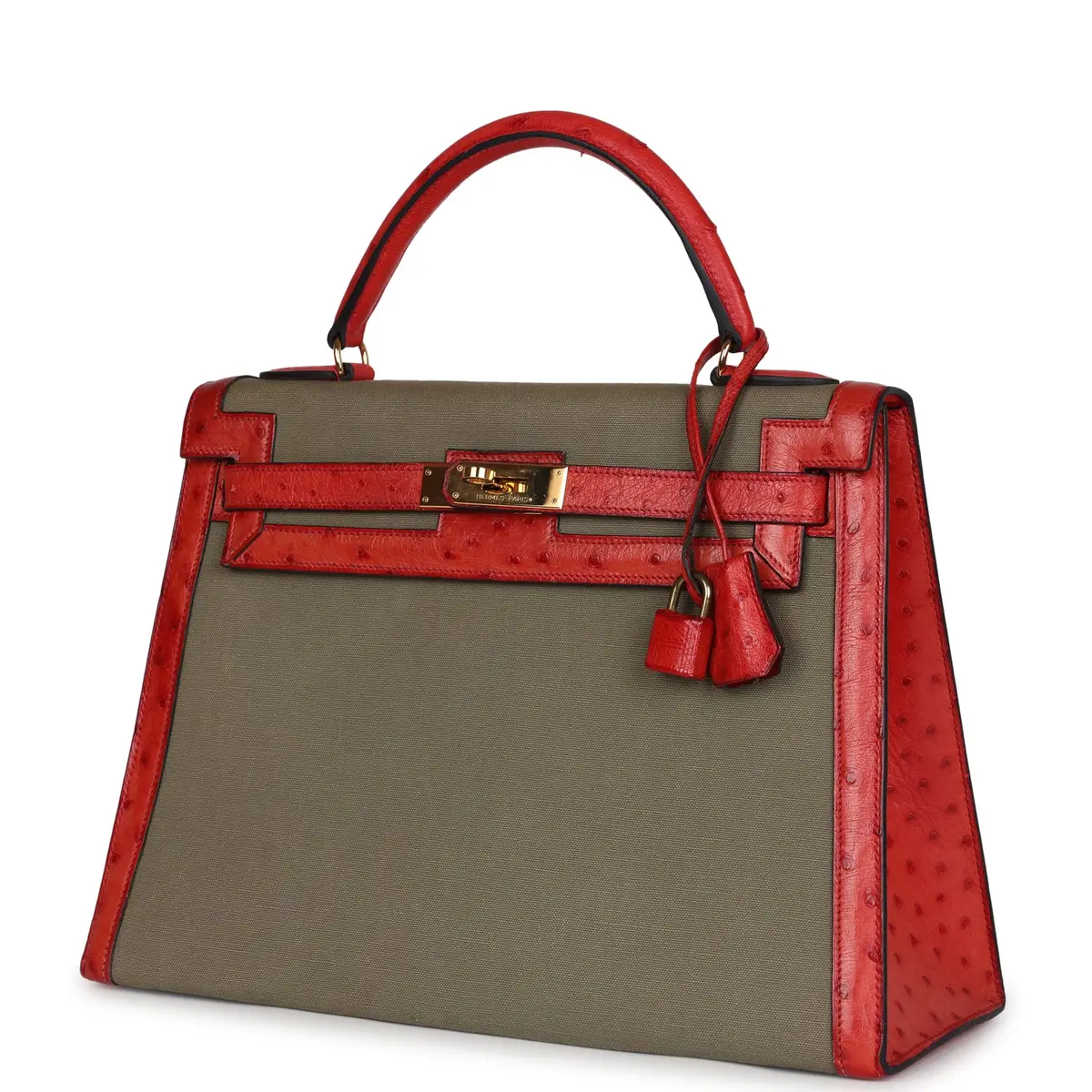 HERMÈS Vintage Hermes Kelly Sellier 32 Rouge Vif Ostrich/Vert Olive Officier Canvas Gold Hardware | Thumbnail 3 HERMÈS Vintage Hermes Kelly Sellier 32 Rouge Vif Ostrich/Vert Olive Officier Canvas Gold Hardware | Thumbnail 3