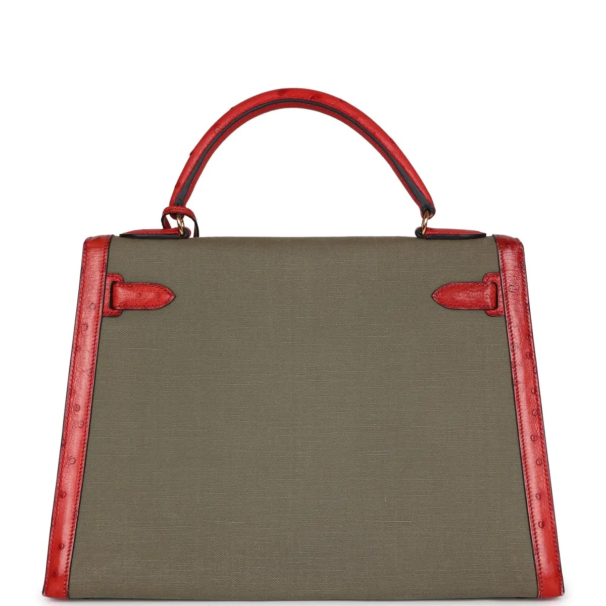 HERMÈS Vintage Hermes Kelly Sellier 32 Rouge Vif Ostrich/Vert Olive Officier Canvas Gold Hardware | Thumbnail 5 HERMÈS Vintage Hermes Kelly Sellier 32 Rouge Vif Ostrich/Vert Olive Officier Canvas Gold Hardware | Thumbnail 5