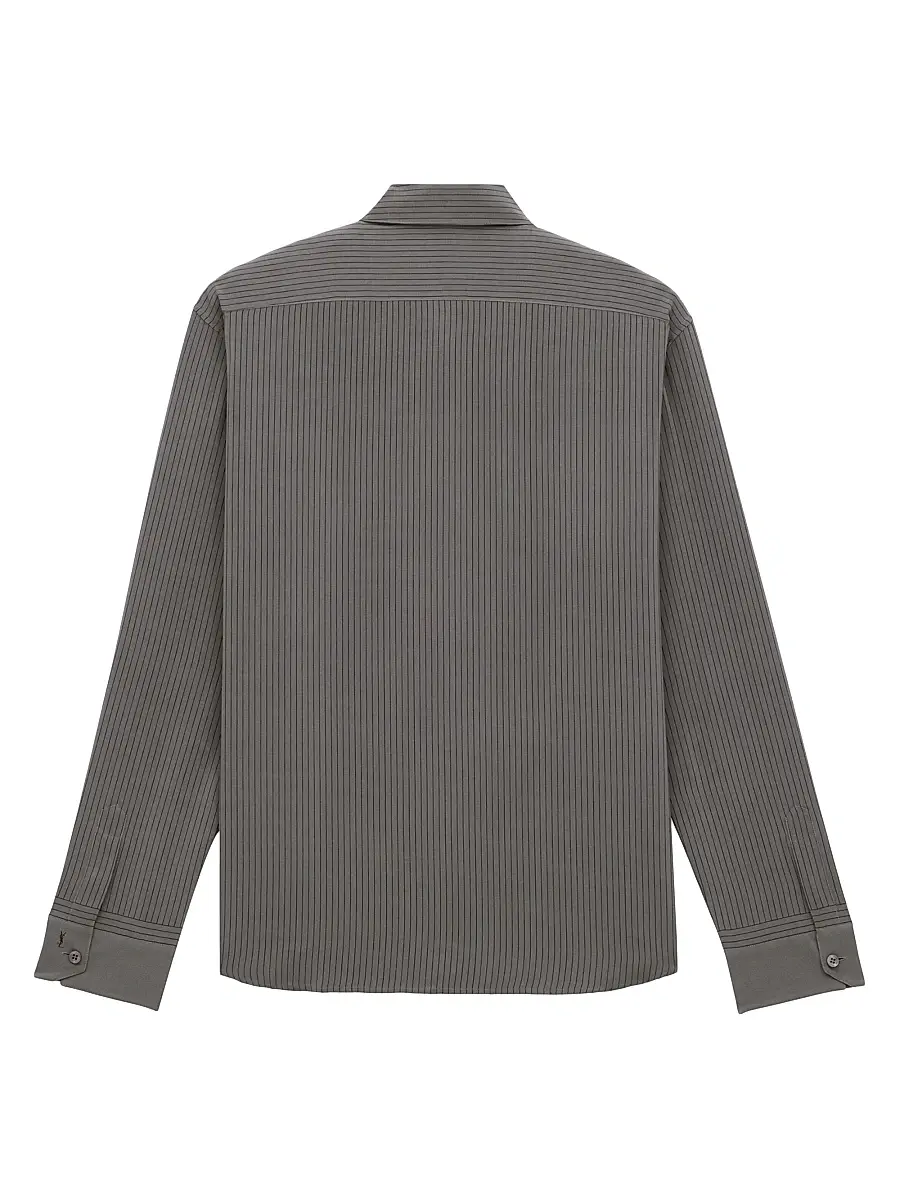 Saint Laurent Men's Cassandre Shirt in Striped Silk - Anthracite | Thumbnail 2 Saint Laurent Men's Cassandre Shirt in Striped Silk - Anthracite | Thumbnail 2