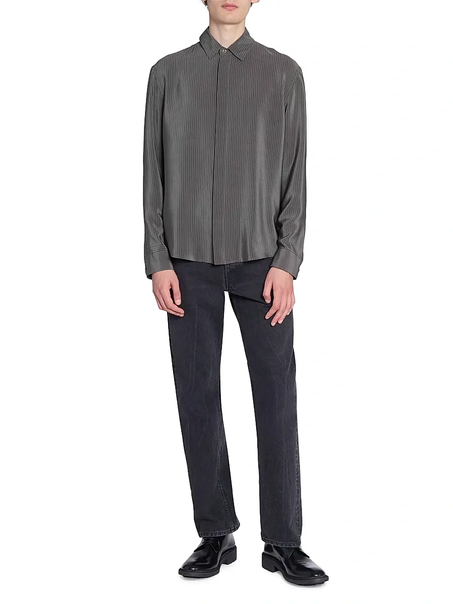 Saint Laurent Men's Cassandre Shirt in Striped Silk - Anthracite | Thumbnail 3 Saint Laurent Men's Cassandre Shirt in Striped Silk - Anthracite | Thumbnail 3