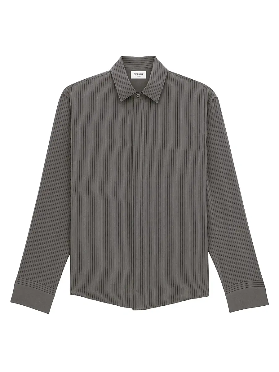 Saint Laurent Men's Cassandre Shirt in Striped Silk - Anthracite | Image 1 Saint Laurent Men's Cassandre Shirt in Striped Silk - Anthracite | Image 1