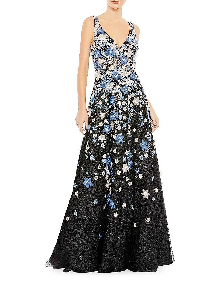 Mac Duggal Women's Floral Appliqué V-Neck A-Line Gown - Black Multi | Thumbnail 2