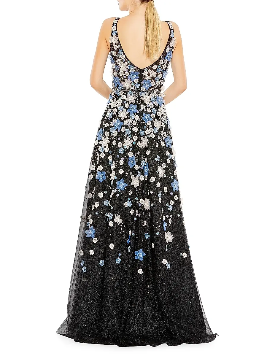 Mac Duggal Women's Floral Appliqué V-Neck A-Line Gown - Black Multi | Thumbnail 3