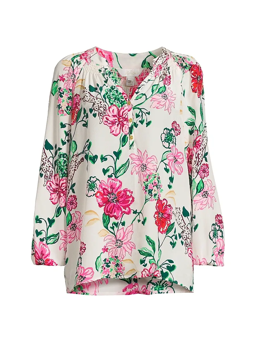 Lilly Pulitzer Women's Elsa Floral Silk Top - Coconut | Image 1 Lilly Pulitzer Women's Elsa Floral Silk Top - Coconut | Image 1