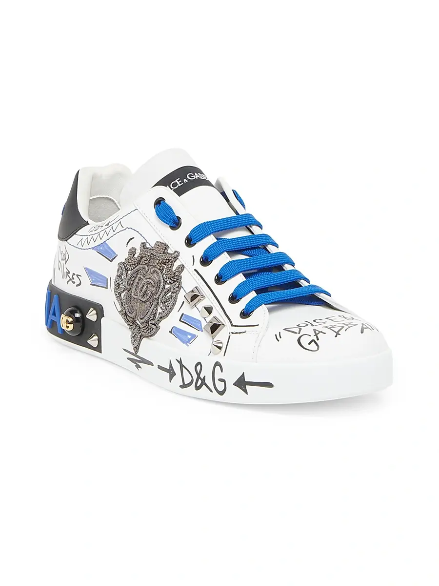 Dolce & Gabbana Men's Calfskin Portofino sneakers with patch - Bianco Multi | Thumbnail 2