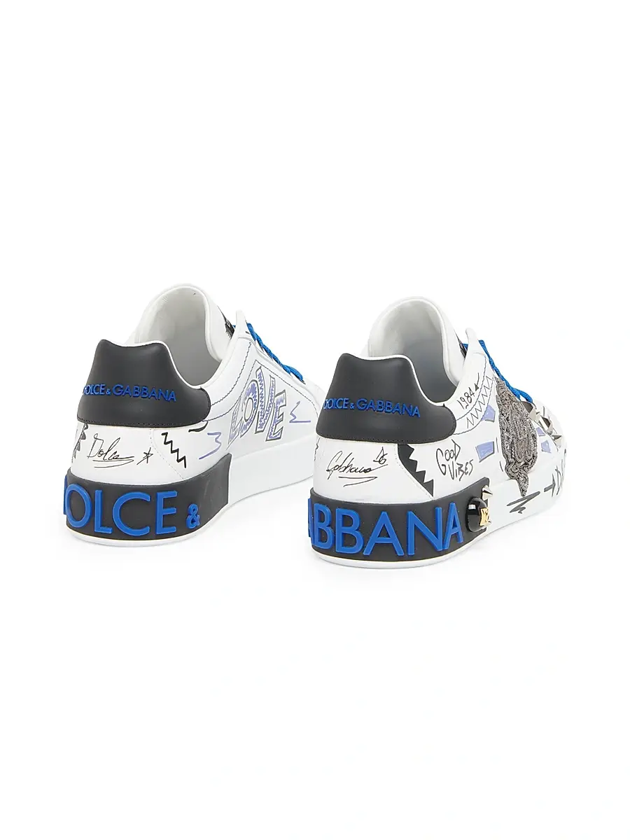 Dolce & Gabbana Men's Calfskin Portofino sneakers with patch - Bianco Multi | Thumbnail 3