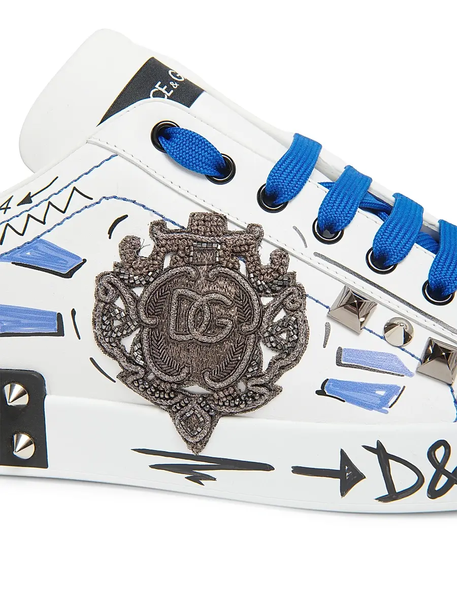 Dolce & Gabbana Men's Calfskin Portofino sneakers with patch - Bianco Multi | Thumbnail 5