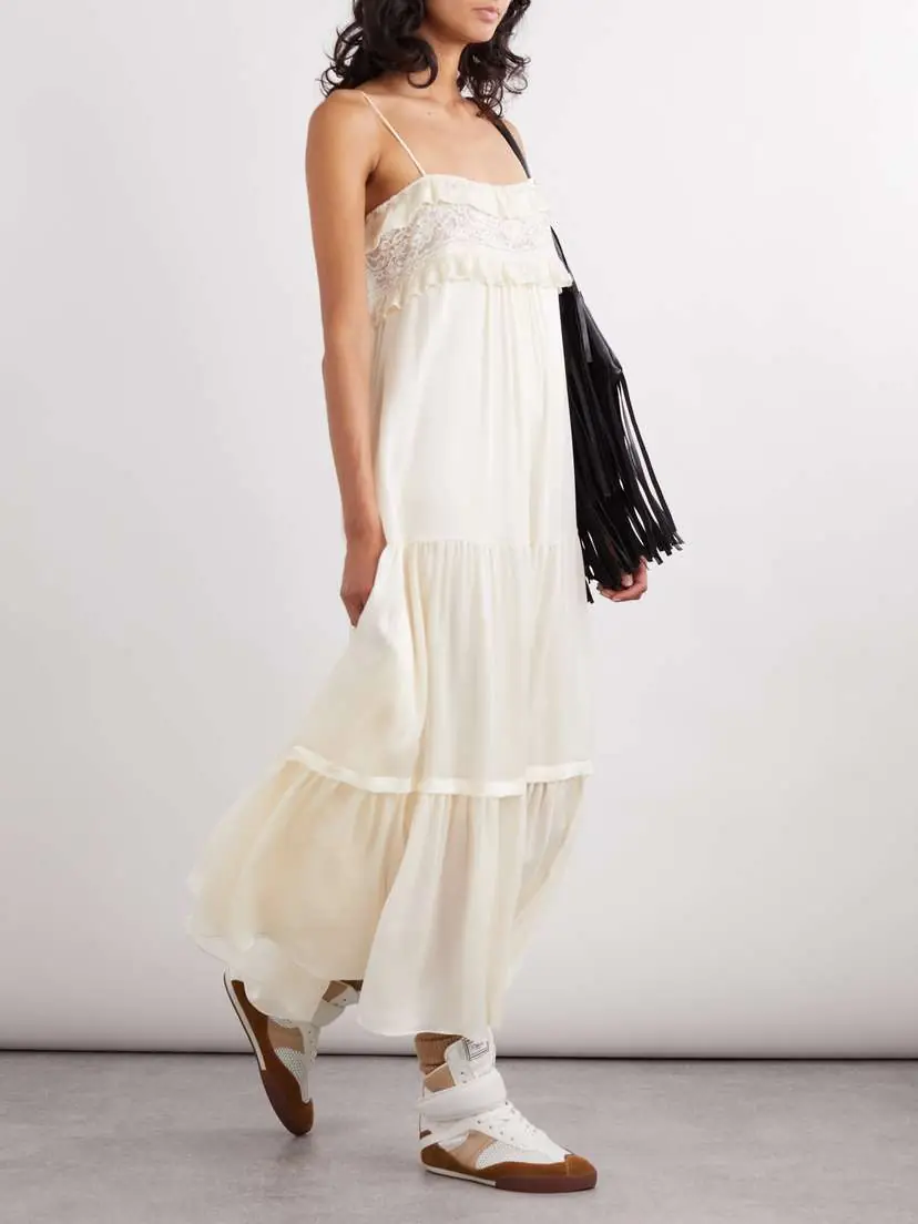 Chloé Lace-trimmed Tiered Ruffled Crepe De Chine Midi Dress | Thumbnail 2 Chloé Lace-trimmed Tiered Ruffled Crepe De Chine Midi Dress | Thumbnail 2